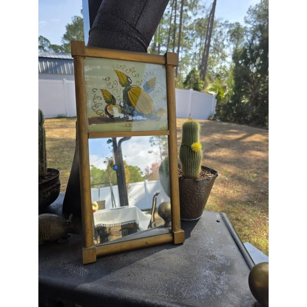 VTG 10x19.5 Gold Wood Wall Mirror Reverse Painted‎ Fruit Rustic Cottage